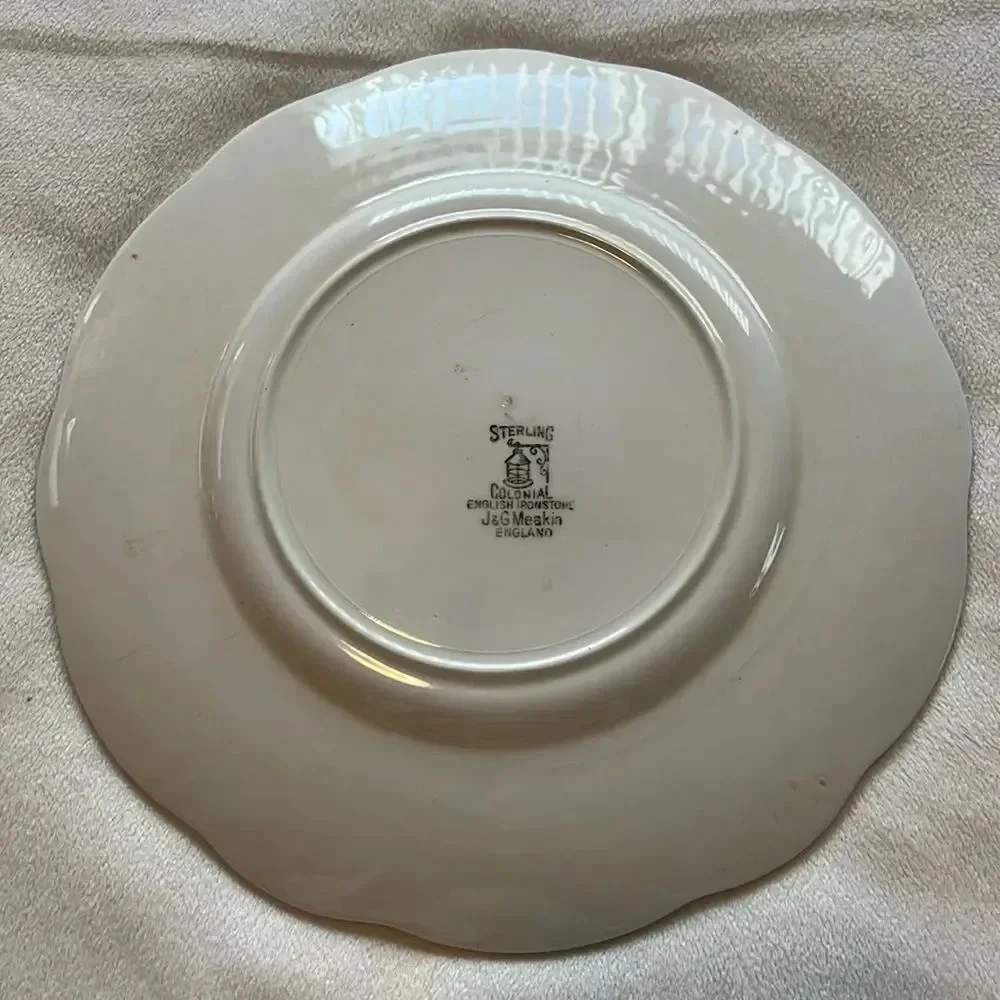 Sterling Colonial Plate 9 3/4 Inches Round White Blue Roses & Trim Scallop Edge